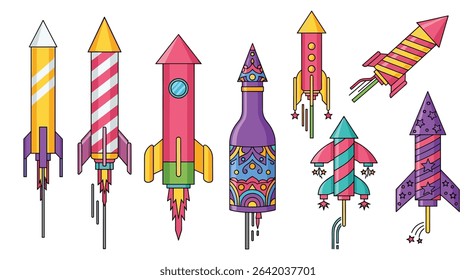 Collection of Vintage Colorful Rocket Illustrations for Celebratory Occasions and Fun Projects