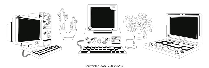 Collection of vintage computers showing different designs and styles with plants and a cup, representing evolution in technology and workspace aesthetics.