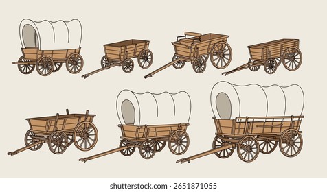Uma coleção de vagões cobertos vintage ilustrando transporte pioneiro e exploração de fronteira