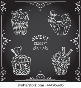 Collection of vintage cupcake. Chalk hand drawn vector illustration