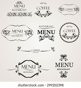 Collection of vintage decorative design elements frames, border, menu, coffee. Design elements for menu cafe. Menu template set. Decorative design elements and page decoration.