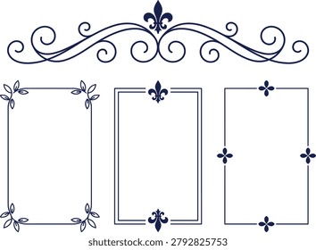 Collection of vintage decorative frames, borders, and ornate flourishes. Features floral elements, fleur de lis, and swirl designs. Ideal for invitations, cards, and graphic design.