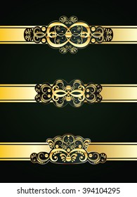 Collection of vintage decorative golden floral ornaments on dark background.