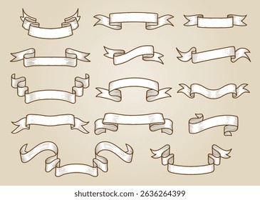 Collection of vintage decorative ribbons and banners on beige background