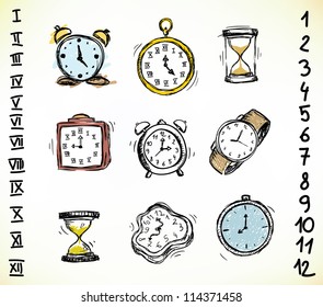 Collection of vintage doodled clocks and watches