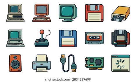 A collection of vintage electronic devices and computer hardware icons