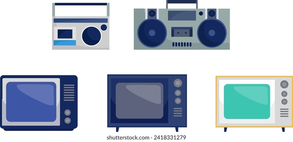 Collection of vintage electronics including radios, boombox, televisions. Retro technology gadgets, old school entertainment vector illustration.