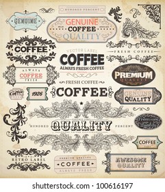 Collection of vintage elements for Coffee design: retro coffee badges and labels, old style floral ornaments, frames and borders | eps10 vector set