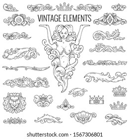 Collection of vintage elements for the design of menu pages, banners, cards. Sculpture of a girl, a lion, borders, cartouches, bas-relief. Historical, decorative style. Hand drawn sketches, engraving