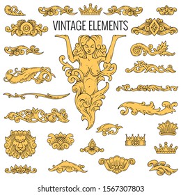 Collection of vintage elements for the design of menu pages, banners, cards. Sculpture of a girl, a lion, borders, cartouches, bas-relief. Historical, decorative style. Hand drawn sketches, engraving