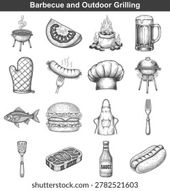 Collection of vintage engraved illustrations representing barbecue food and grilling equipment for culinary design projects and menus.