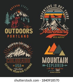 Collection of vintage explorer, wilderness, adventure, camping emblem graphics