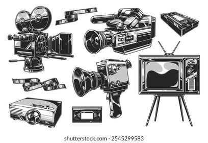 Uma coleção de filmes vintage e equipamentos de vídeo é exibida com câmeras clássicas bobinas de filme e um conjunto de televisão retro refletindo a tecnologia audiovisual histórica.