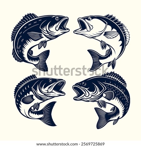 A collection of vintage fish vector illustrations featuring detailed and hand-drawn bass fish designs. Perfect for fishing-themed projects, logos, and branding with a retro artistic touch.