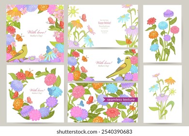 collection of vintage floral card with birds and butterflies. seamless texture with blooming twigs and insects. set of frames, wreath of stylized flowers. isolated bouquets of wildflowers