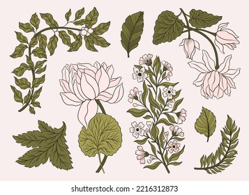 Collection vintage floral motif. William Moriss style art and craft movement. Design outline flower symbol. Vector illustration.