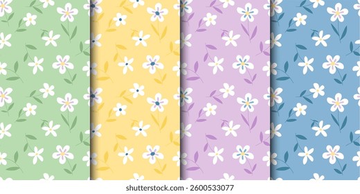 A collection of vintage floral patterns. Spring and summer botanical pattern with daisies, daisies
