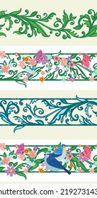 collection of vintage floral seamless borders. baroque pattern with flowers and couple of cute birds. retro ornament with green leaves and tiny blossom