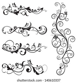 Collection of vintage floral silhouette designs with butterflies and swirls. This image is a vector illustration.