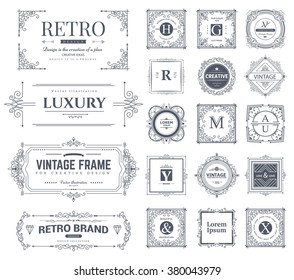 Collection of vintage flourishes calligraphic ornaments and frames. Retro style of design elements, decorations for postcard, banners, logos. Vector template
