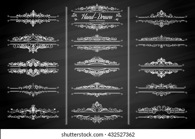 Collection of vintage flourishes calligraphic ornaments and frames. Retro style of design elements, decorations for postcard, banners, logos. Vector template