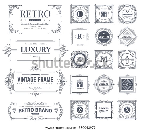 Collection of vintage flourishes\
calligraphic ornaments and frames. Retro style of design elements,\
decorations for postcard, banners, logos. Vector\
template