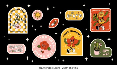 Collection of vintage flower power, positive and motivational slogan stickers and elements on black background. Funny cartoon flowers, plants in pot, garden tools, gardening hobby, daisy etc.