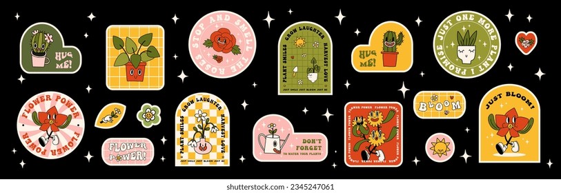 Collection of vintage flower power, positive and motivational slogan stickers and elements on black background. Funny cartoon flowers, plants in pot, garden tools, gardening hobby, daisy etc.