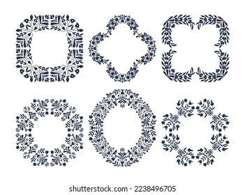Collection of vintage  frames for greeting card and invitations. Set of black and white floral retro borders. Round shape template with empty space for text. Simple flowers placed in a circle