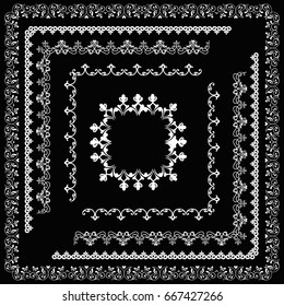 Collection of vintage frames and white borders on black. Set of vector borders for certificates, photo frames.