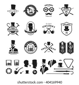 Collection of vintage gentleman emblems, labels, badges and design elements. Whiskey explorers club. Beard and moustache silhouette. Poker, billiard clubs signs. Vector illustration.