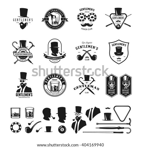 Collection of vintage gentleman emblems, labels, badges and design elements. Whiskey explorers club. Beard and moustache silhouette. Poker, billiard clubs signs. Vector illustration.