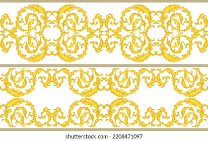 A Collection Of Vintage Golden Floral Borders With Scroll Swirl Leaves. Vertical Gold Leafy Pattern Segments Isolated On A White Background. Retro Ornate Foliage Baroque Ornament Style Design Elements