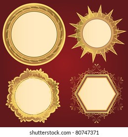 collection of vintage golden frames isolated on red background