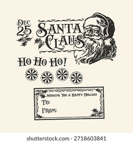 A collection of vintage graphic elements including Santa's face, Ho Ho Ho text, peppermint candies, and a To From gift label.