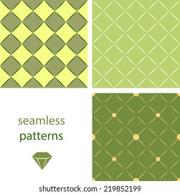 A collection of vintage green seamless patterns with circles and embroidered with diamonds