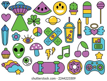 Collection of vintage groovy elements and characters. Retro character, hippie 70s style, psychedelic mushrooms, flowers, rainbow, heart and planet earth. Vintage vector set