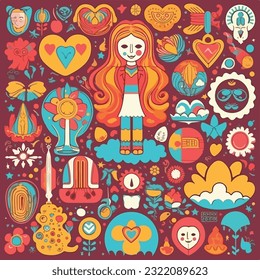 Collection of vintage groovy elements and characters. Retro character, hippie 70s style, psychedelic mushrooms, flowers, rainbow, heart and planet earth. Vintage vector set