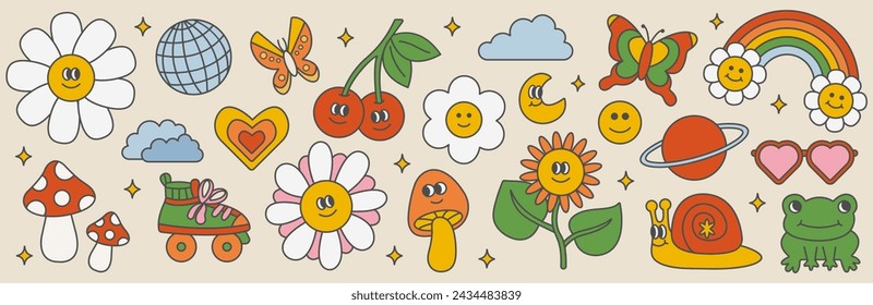 Colección de elementos y personajes de estilo vintage. Personaje retro, estilo hippie de los años 70, setas psicodélicas, flores, arco iris, sol, labios, corazón y planeta. Conjunto vectorial vintage