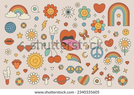 Collection of vintage groovy elements and characters. Retro character, hippie 70s style, psychedelic mushrooms, flowers, rainbow, sun, lips, heart and planet. Vintage vector set