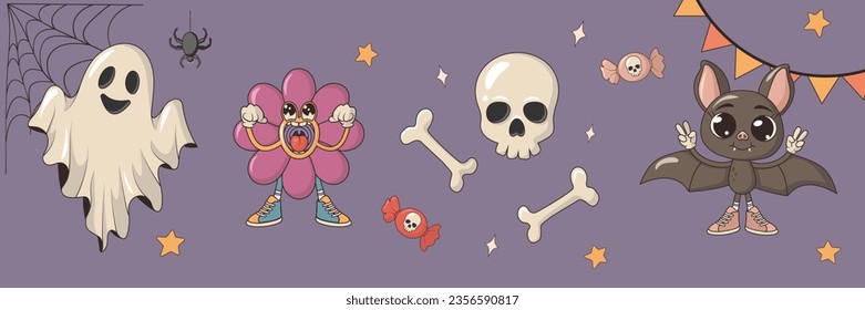 Collection of vintage groovy halloween colorful elements and characters. Vector set of psychedelic hippie 70s style scull, ghost, flower and bat.