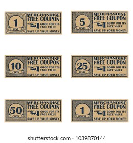 Collection of vintage grunge coupons. Old ticket. Sale coupon, voucher, tag. Vintage style template. Old style free discount coupon. Retro merchandise coupon. Realistic vector illustration.