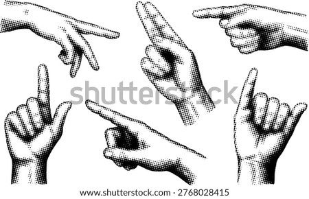 Collection of vintage halftone hand gesture illustrations. Black and white art including pointing, peace, and 'shaka' signs.