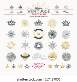 Collection of vintage hand drawn elements: rays, stars and crowns