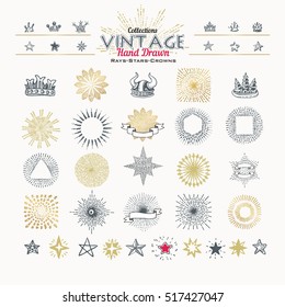 Collection of vintage hand drawn elements: rays, stars and crowns