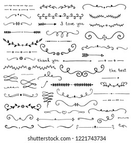 Collection of vintage hand drawn lines, rounds, deviders. Set of vector isolated elements for design