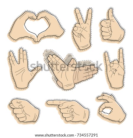 Collection of vintage hand sticker. Human vintage hand drawing with pointing finger, peace sign, love gesture, vulcan salute and thumb up, like good quality in retro style. Shadow play, portray a bird