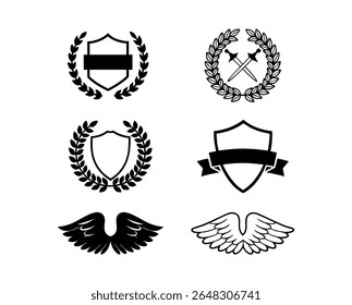 Collection of vintage heraldic emblems shields laurel wreaths swords and wings silhouette