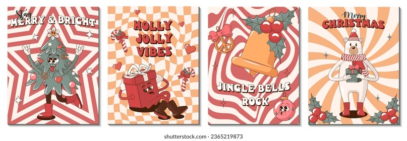 Collection of Vintage Hippie Retro Merry Christmas and Happy New year cards or posters with retro cartoon characters and elements: Christmas tree, bear, gift, bell and others with text.