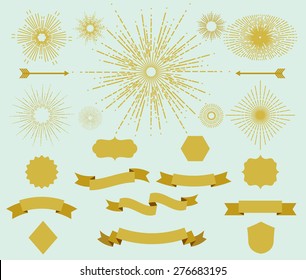 Collection of vintage hipster frames, sunbursts and ribbons. Set on light background. Beautiful  vector illustration.